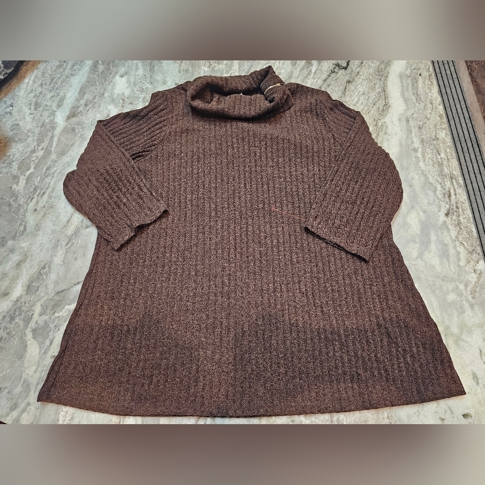 PerSeption Women Ribbed Funnel Neck Brown Knit Top 3X